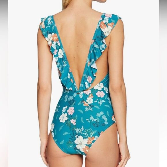 New O’Neill Lucy Teal Floral Print One-Piece Swimsuit - Picture 2 of 7